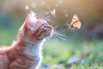 Wall Mural - Orange striped pet cat happy playing catching a butterfly outside