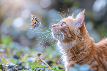 Wall Mural - Orange color pet cat happy playing catching a butterfly outside