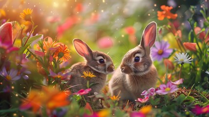 Poster - Rabbits. Art Design of Cute Little Easter Bunnies in the Meadow.