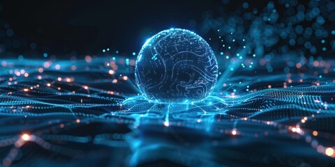 Poster - glowing sphere on a digital wave