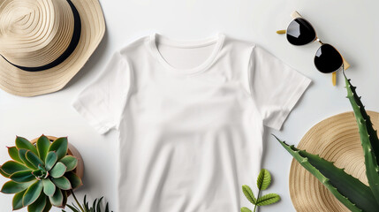 Women T-shirt mockup with summer hat. White women cotton T-shirt mockup with summer hat, succulent plant and sunglasses. Design t shirt template, tee print presentation mock up