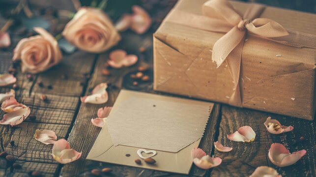 Valentine s Day gift setting with blank card and envelope in warm tones vintage photo style