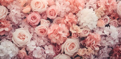 Poster - aesthetic flower backgrounds in pink and white hues, featuring a variety of blooms including roses, hydrangeas, and a mix of single and multi - colored blooms