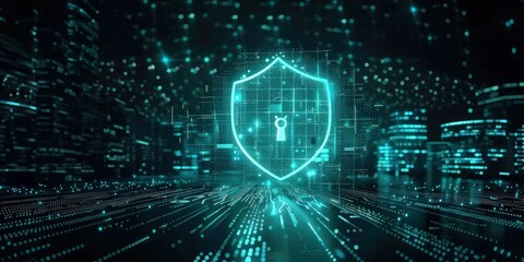 Poster - digital security shield in a futuristic cityscape