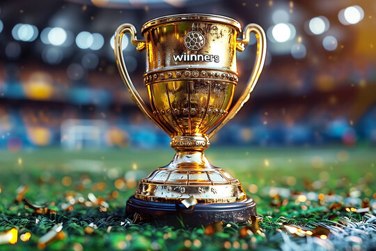 Golden trophy on a football field in a stadium, wide angle. A sports competition concept with a golden cup award for the winner of a match or game at night time. 