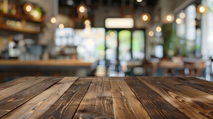 Wall Mural - Abstract blurred background of restaurant cafe and coffee shop interior with an empty wooden display table Photography