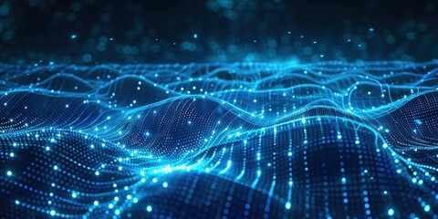 Poster - abstract digital landscape with glowing blue particles