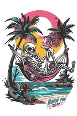 Wall Mural - The design features a skeleton sat on a beach hammock drinking a cocktail with a synthwave sun as the backround and the phrase 