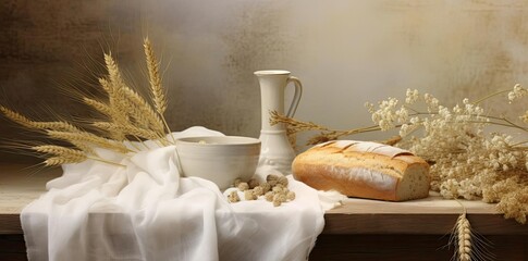 Wall Mural - communion background with a cup of coffee and a loaf of bread on a table