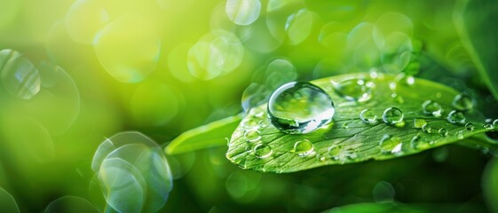 Wall Mural - Close-up of Dew Drops on Green Leaf with Sunlight and Bokeh Background