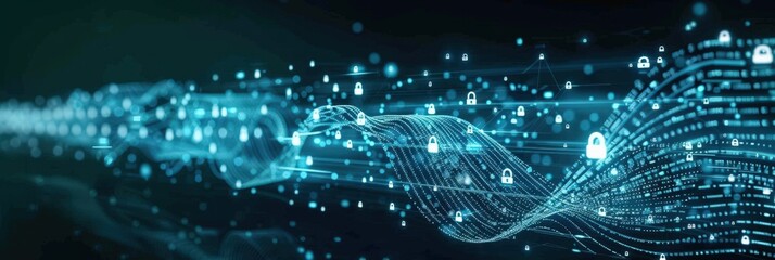 Poster - Abstract Cyber Security Background with Blue Waves and Lock Icons