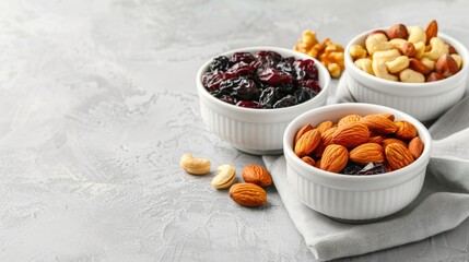 Wall Mural - Assortment of nuts and dried fruits in small white bowls as nutritious snacks