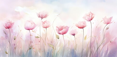 Wall Mural - flower watercolor background with pink tulips and green leaves