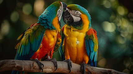 Wall Mural - two red and green macaws sitting on a branch, AI Generative.