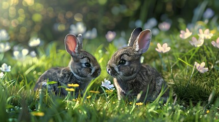 Poster - Rabbits. Art Design of Cute Little Easter Bunnies in the Meadow.