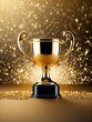 © Syrtseva Tatiana - Sparkles gold background with a winners cup. Champion golden trophy on gold background. Concept of success and achievement.