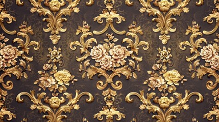 golden baroque floral design wallpaper - 3d ornate pattern with gold leaves and flowers on dark back