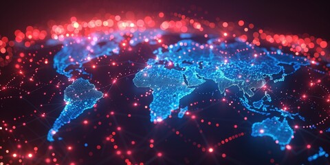 Poster - Digital World Map with Illuminated Cities