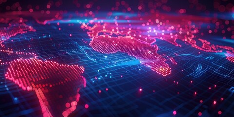 Poster - digital world map with glowing points