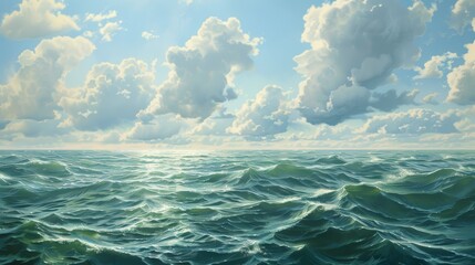 Wall Mural - Ocean Waves with Cloudy Sky - Digital Illustration