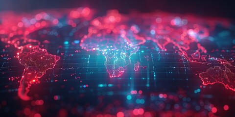 Poster - digital world map with red and blue glowing lights