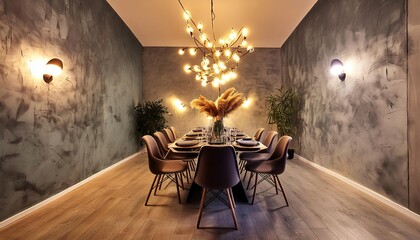 dining room night atmosphere interior design with light on concrete wall. expose wall. shear wall. lamp. back drop. wallpaper