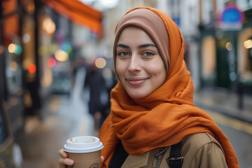 Portrait of woman wearing hijab and holding a cup paper of hot coffee.