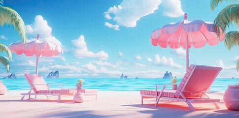 Wall Mural - vacation background with beach chairs, umbrellas, and palm trees under a blue sky with white clouds