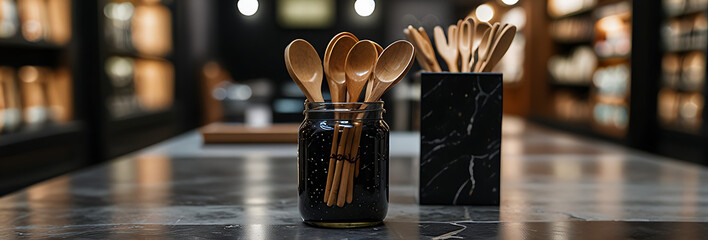 wooden spoons and forks in a black speckled jar in the foreground. Closeup of an empty black marble display table in a retail store