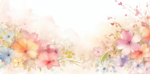 Wall Mural - watercolor flower background featuring a variety of colorful flowers, including pink, blue, yellow, and orange blooms, with a green leaf in the foreground