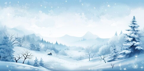Wall Mural - winter holiday background featuring snow - covered trees and mountains, with a small tree and bare tree in the foreground, and a white and blue sky in the background