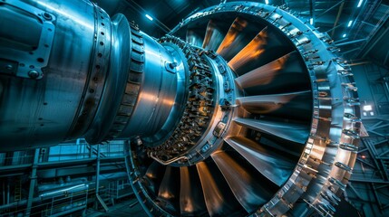 Wall Mural - Detailed shot of a big turbine engine, emphasizing modern industrial power and precision, raw style, advanced technology