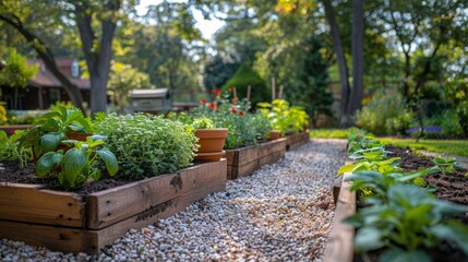 A backyard vegetable garden with a gravel path running through it. The garden is full of green plants and there is a wooden fence in the background.