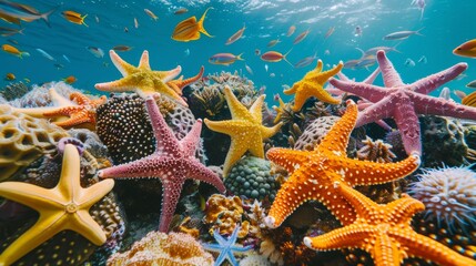 Wall Mural - Diverse array of vibrant starfish spread across a colorful coral reef, bathed in warm sunlight, raw texture, detailed underwater scene