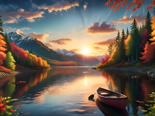 Wall Mural - Autumn scenery on the lake at sunset in the evening and shadows reflecting on the lake.
