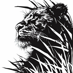 A black and white drawing of a lion surrounded by tall grass
