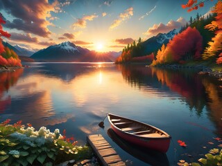 Wall Mural - Autumn scenery on the lake at sunset in the evening and shadows reflecting on the lake.
