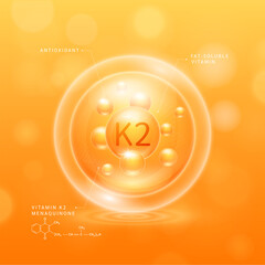 Wall Mural - Vitamin K2 solution orange and chemical structure of Menaquinone. Fat soluble vitamins. Collagen serum hyaluronic acid with antioxidants for brighter skin. Cosmetic beauty nutrition. Vector.