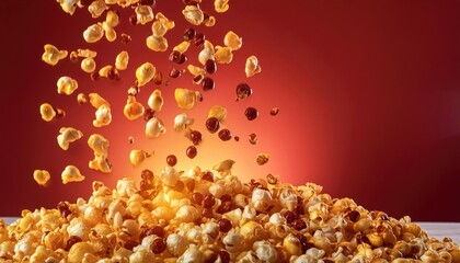 Wall Mural - Pop corn kernels popping in air with a red background. bioskop graphic resource. bioskop content. cinema