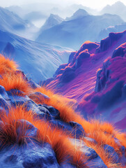 Wall Mural - A mountain range with a purple and orange grassy hillside