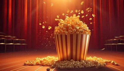 popcorn in the spotlight. the left side is empty Pop corn in big cup kernels popping in air with a red teater background. pop corn the best to content. 1:1. landscape.