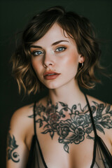 Poster - A woman with a tattoo on her neck and a tattoo on her arm
