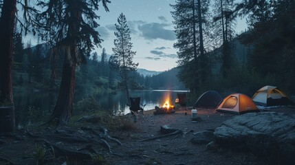 Poster - Depict a group of friends setting up camp in the forest, with tents, a campfire, and marshmallows ready for roasting, as the sun sets 