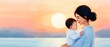© ธนากร บัวพรหม - Watercolor sketch of a mother holding her baby at sunset, soft and fluid, Warm tones, Watercolor, Gentle and serene scene