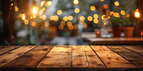 Wall Mural - Rustic Wooden Tabletop with Blurred Bokeh Lights