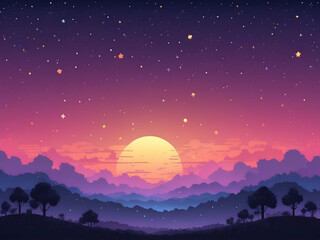 Wall Mural - abstract childish Pixel art star sky at sunset time. Starry evening sky gradient illustration