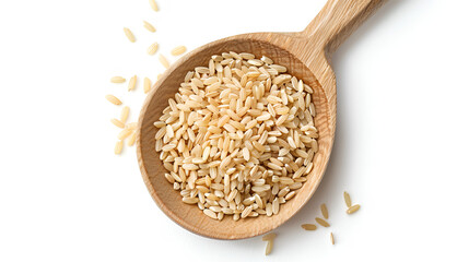 Brown Rice in Wooden Spoon Uncooked and Hulled Isolated