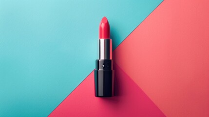 Poster - Minimal flat lay of creative cosmetics for pink lipstick on colorful background