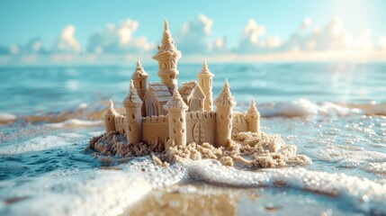 Summer Fun: Wide Banner of Sandcastle Sculpture at the Beach with Copy Space