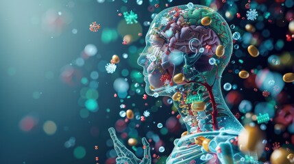 Wall Mural - A colorful, abstract image of a human brain with many different colored spheres